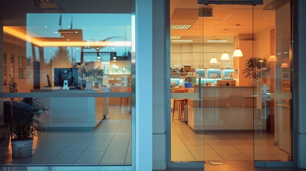 a split-view image showcasing a bright, modern emergency dental clinic on one side, contrasting with a traditional, warmly-lit dental office, emphasizing the theme of innovative versus conventional dental care.