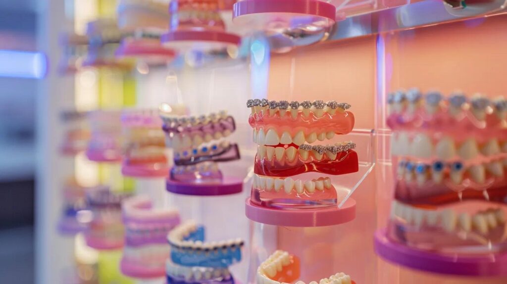 a vibrant dental clinic showcases a contrasting display of various braces types, featuring colorful ceramic, sleek metal, and innovative clear aligners arranged artistically against a bright, sterile backdrop.