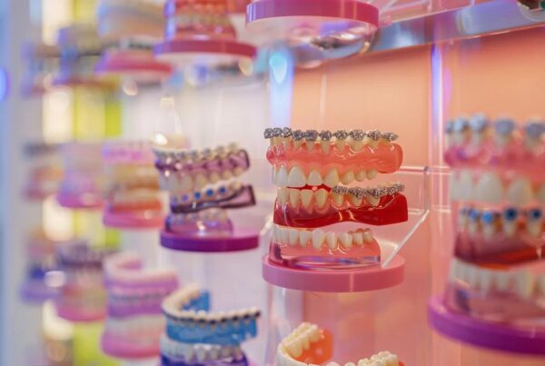a vibrant dental clinic showcases a contrasting display of various braces types, featuring colorful ceramic, sleek metal, and innovative clear aligners arranged artistically against a bright, sterile backdrop.