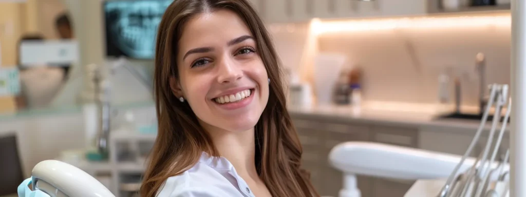 a confident patient smiles radiantly in a modern dental clinic, showcasing a flawless set of dental implants under bright, warm lighting.