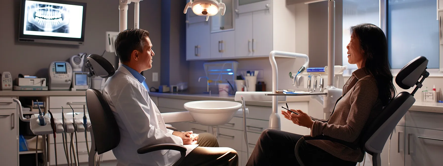 a focused dental consultation scene features a patient seated across from a knowledgeable dentist, illuminated by soft, warm lighting, as they engage in a serious discussion about personalized denture options, surrounded by professional dental equipment.