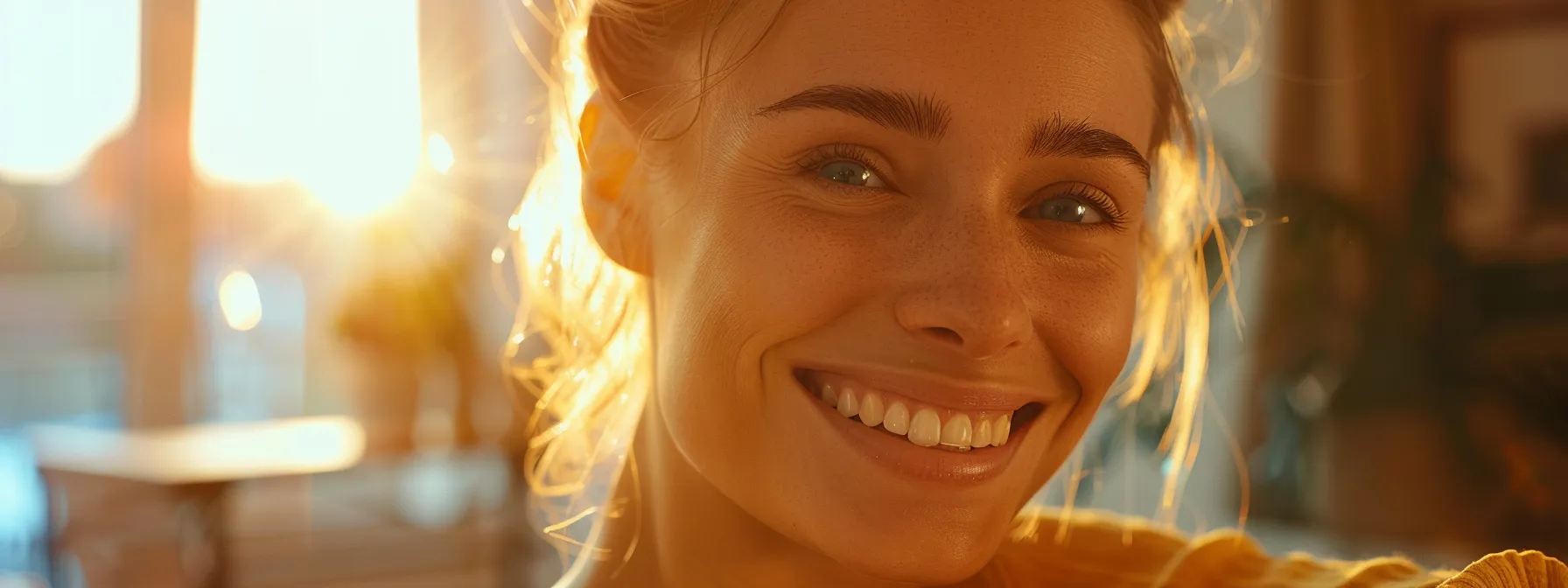 a radiant smile frames the face of a joyful patient proudly showcasing their new dentures, set against a warm, inviting backdrop that symbolizes a renewed quality of life.