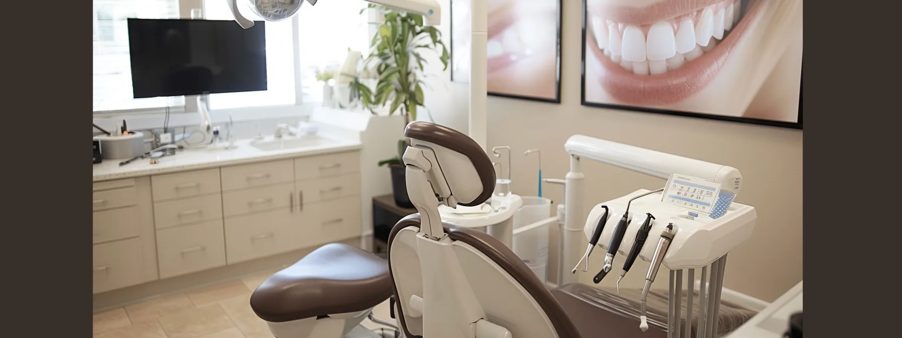 a serene and inviting dental consultation room, bathed in soft, natural light, featuring a pristine dental chair and a radiant smile displayed on an oversized poster, symbolizing comfort and care in the denture journey.