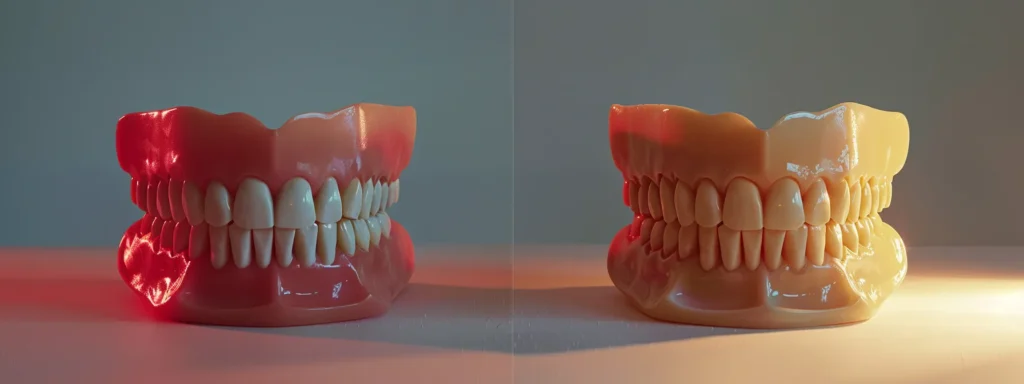 a visually striking close-up of a pristine dental model showcasing a complete denture on one side and a partial denture on the other, illuminated by soft, diffused lighting to emphasize the contrast and detail of each design against a clean, neutral background.