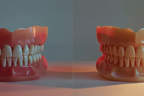 a visually striking close-up of a pristine dental model showcasing a complete denture on one side and a partial denture on the other, illuminated by soft, diffused lighting to emphasize the contrast and detail of each design against a clean, neutral background.