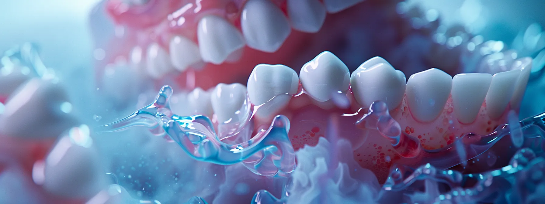 a vivid close-up of a strikingly realistic set of complete dentures and a partial denture, elegantly displayed on a soft, diffused background, highlighting the contrasting designs and materials that define their functionality and aesthetics.